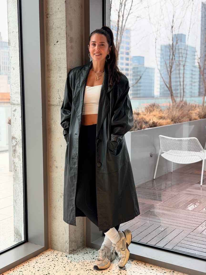 Vintage Long Black Leather Trench Coat