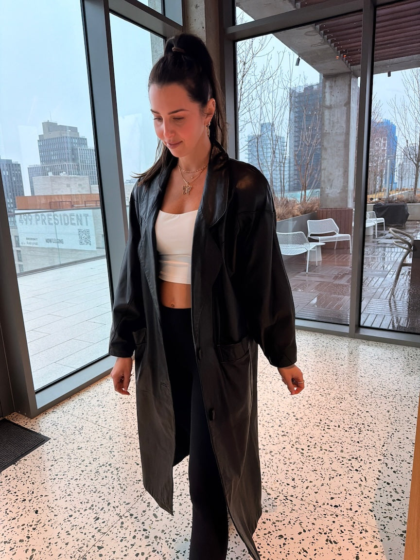Vintage Long Black Leather Trench Coat