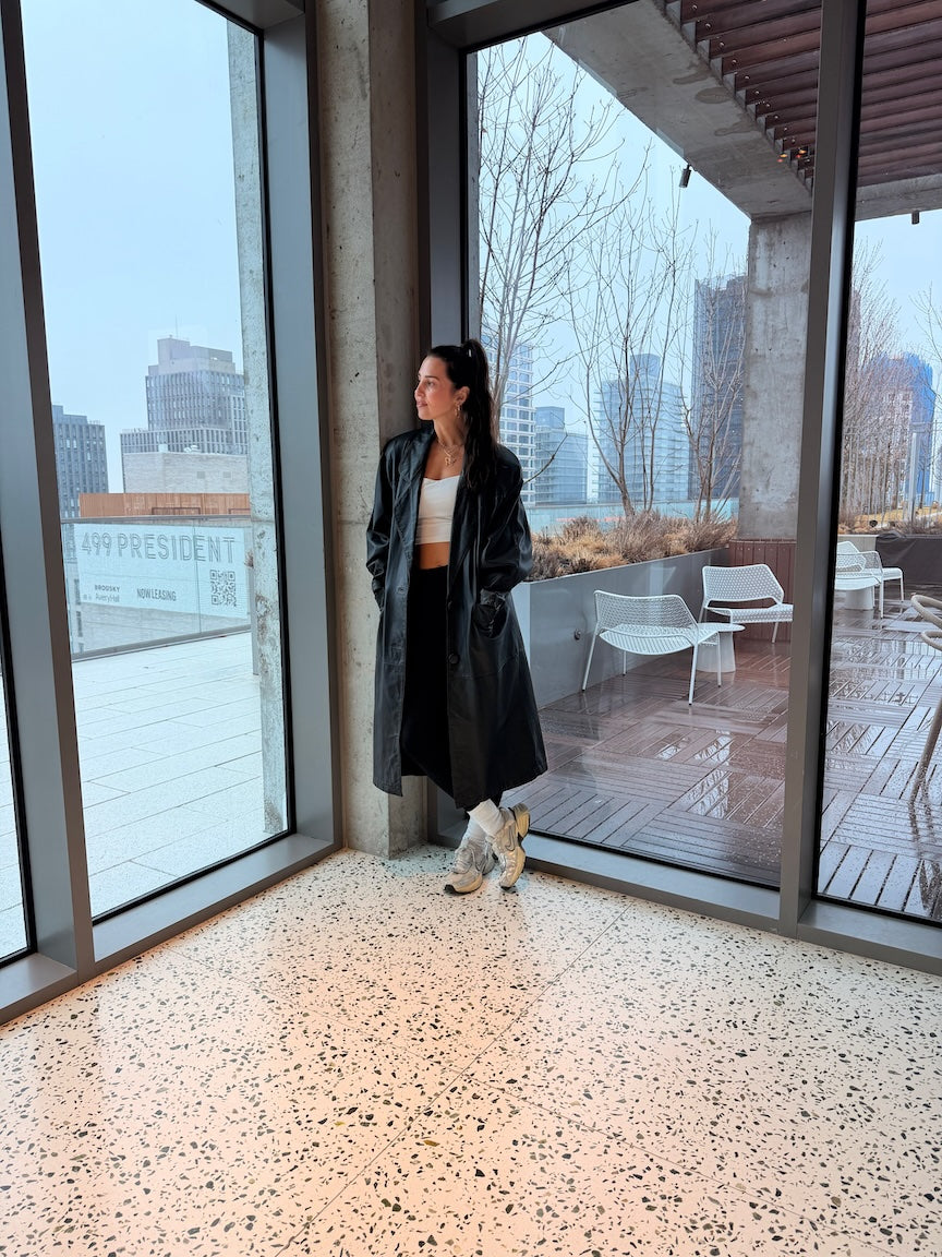 Vintage Long Black Leather Trench Coat