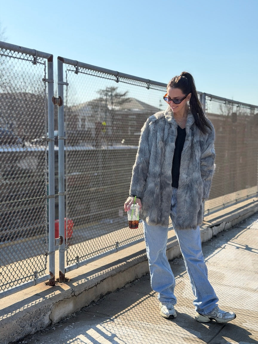 Grey Rabbit Fur Midi Coat