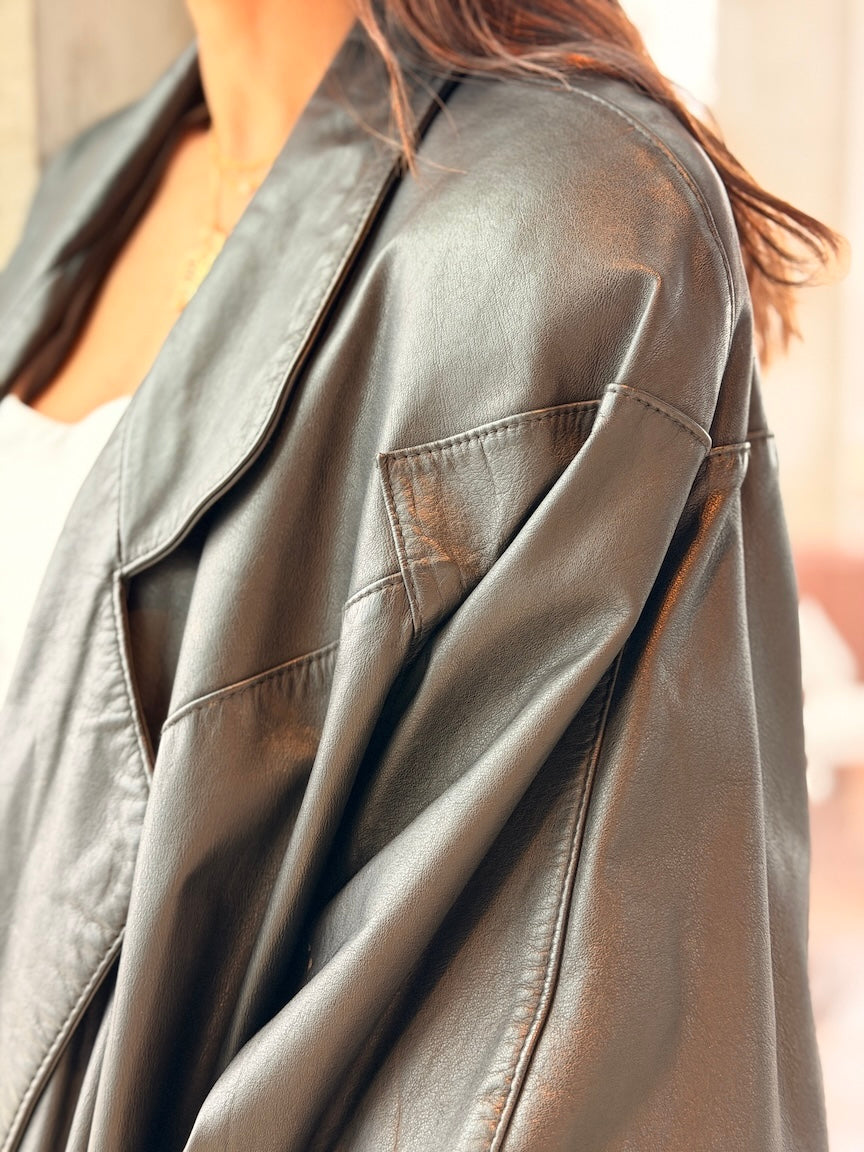 Vintage Long Black Leather Trench Coat