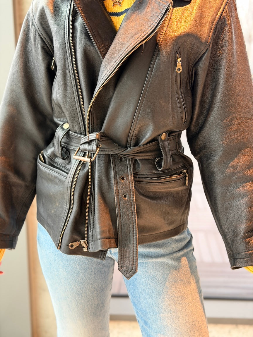 Vintage Belted Leather Moto