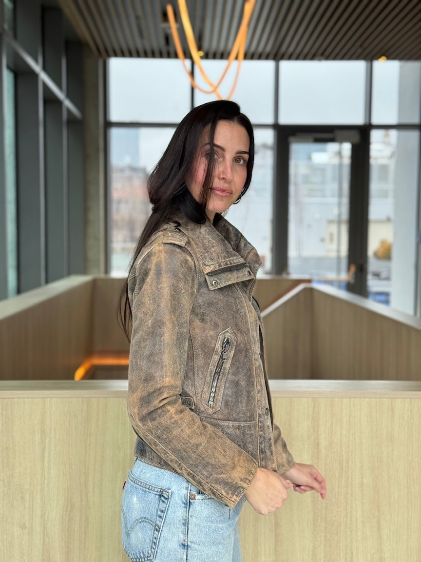 Andrew Marc Distressed Leather Moto Jacket