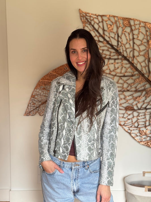 Alice + Olivia Snakeskin Leather Moto Jacket