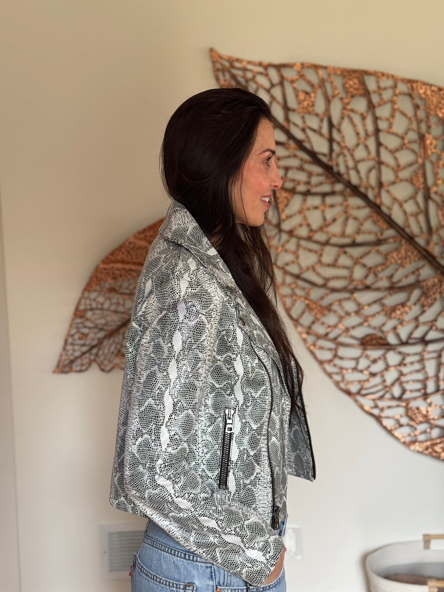 Alice + Olivia Snakeskin Leather Moto Jacket