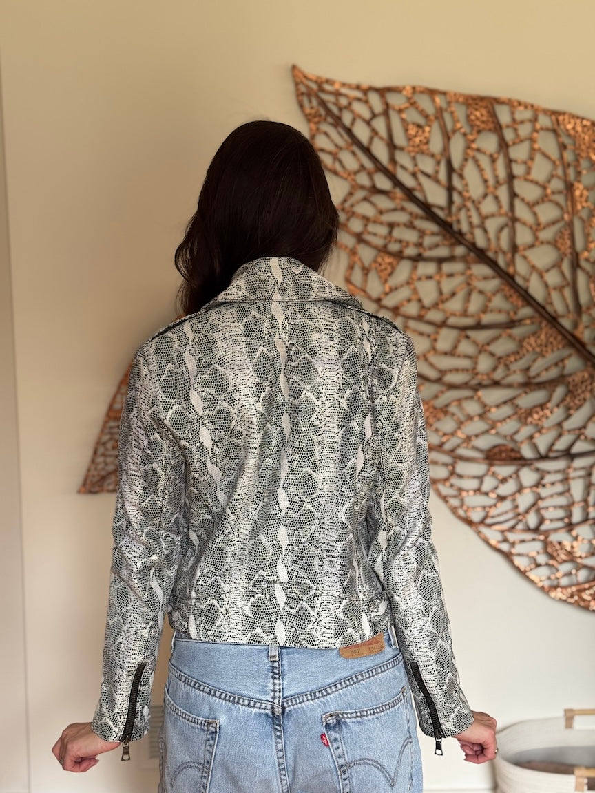 Alice + Olivia Snakeskin Leather Moto Jacket