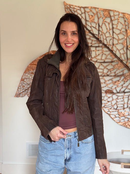 Stradivarius Genuine Leather Jacket with Knit Collar