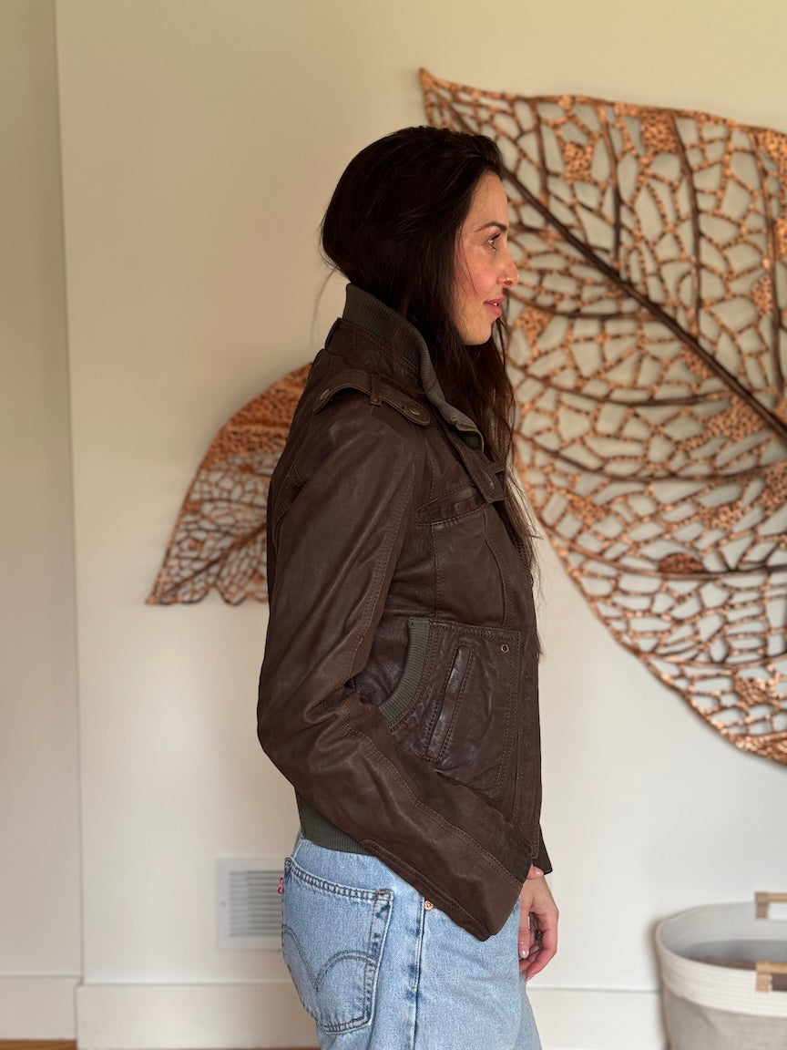 Stradivarius Genuine Leather Jacket with Knit Collar