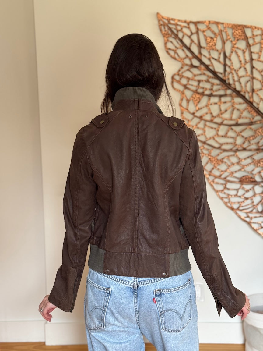 Stradivarius Genuine Leather Jacket with Knit Collar