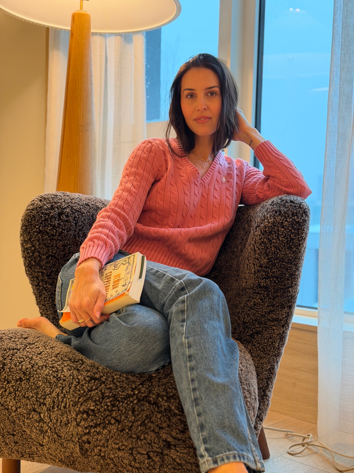 Ralph Lauren Rose Pink Cable Knit V-Neck Cotton Sweater