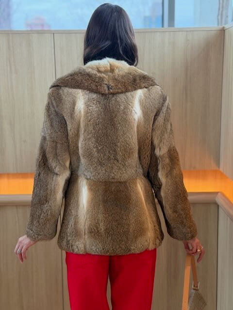 Person wearing a brown fur coat with a blurred indoor background